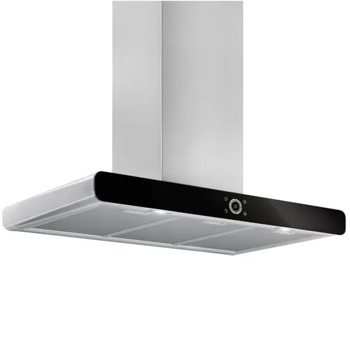 Pyramis breite flache Edelstahl Inselhaube 90 cm und schwarzes Glas