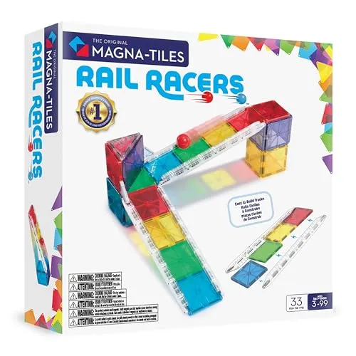 MAGNA-TILES® Rail Racers 33-teiliges Magnetbauset - Bauspielzeugset mit 33 magnetischen Teilen, darunter 6 patentierte Schienen - fördert kreatives Spielen und die Entwicklung von Hand-Augen-Koordination bei Kindern ab 3 Jahren.