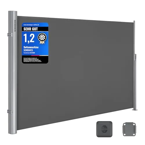 SONGMICS Ausziehbare Alu-Seitenmarkise 160 x 350 cm - Balkonumspannungen mit UPF 50+ Schutzfaktor, blickdicht und spritzwassergeschützt, ideal für Balkon und Terrasse, inklusive einfacher Montageanleitung und Kindersicherung.