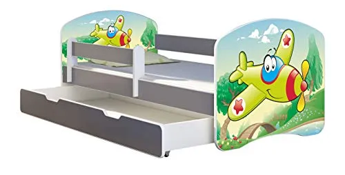 ACMA Kinderbett Jugendbett mit Einer Schublade und Matratze Grau mit Rausfallschutz Lattenrost II (29 Flugzeug, 140x70 + Bettkasten)