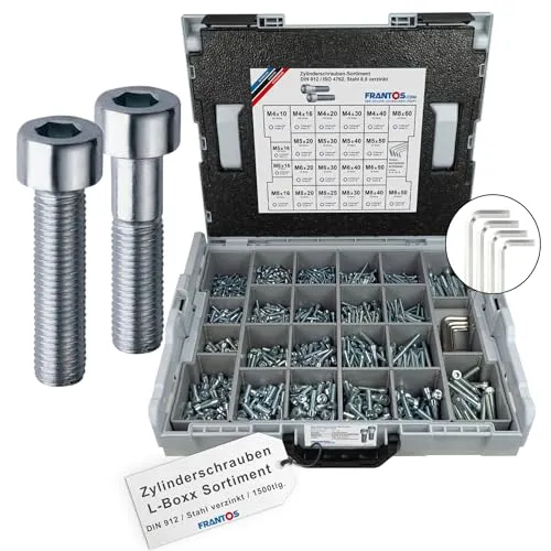 FRANTOS L-Boxx Sortimentskoffer mit Zylinderschrauben DIN 912 ISO 4762 in Stahl verzinkt - 1.500 tlg. + 4 Winkelschlüssel I Zylinderkopfschrauben Sortiment Schraubensortiment