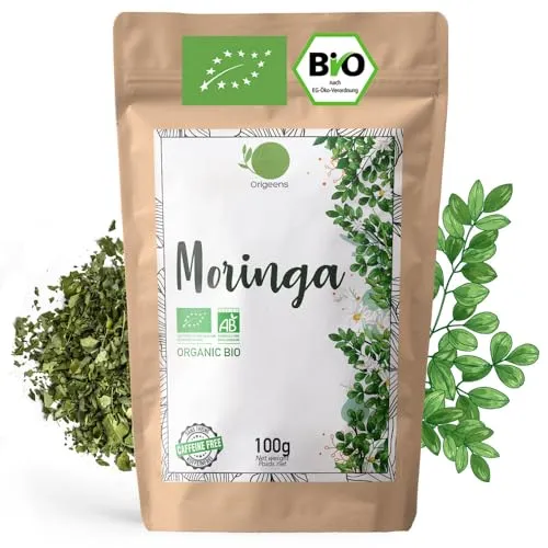 ORIGEENS MORINGA TEE BIO 100g | MORINGA TEE BLÄTTER GETROCKNET | Moringa Bio Roh Loses ohne Teein, belebender Kräutertee | In Deutschland zertifiziert und verpackt