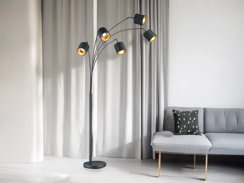 200cm LED Standleuchte 5-flammig mit Stoffschirm schwarz/gold