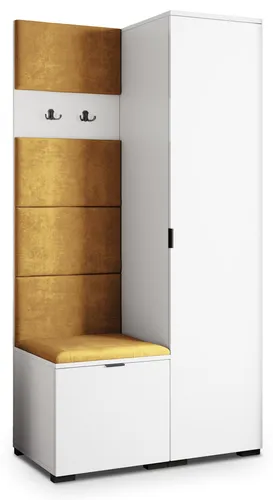 Masseno Garderobe-Set LORI 95/181/51 cm – Moderner Garderobenschrank in Weiß mit Veloursstoff MONOLITH 48 (Gelb) - Elegante Garderobe LORI für Ihren Flur – bietet praktischen Stauraum für Jacken und Schuhe. Das moderne Design in Weiß sorgt für ein stilvolles Ambiente und passt in jede Einrichtung.