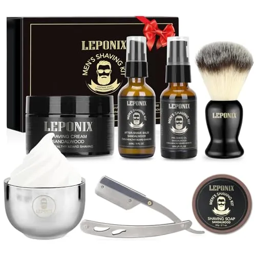 Rasierset für Männer, Barber Set Inkl Rasiermesser, Pre Shave, Rasierpinsel, Rasierseif, Rasiercreme Männer, Rasierschale, After Shave Balsam, Geschenke für Männer
