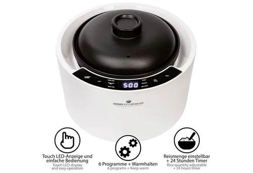 KeMar Reiskocher 2,5l mit Keramiktopf - Gesunde Zubereitung - Reiskocher mit 2,5l Volumen, 900W Leistung und reinem Keramiktopf. Ideal für bis zu 7 Personen, mit 7 Programmen und 24 Stunden Timer für perfekte Ergebnisse ohne Überkochen.
