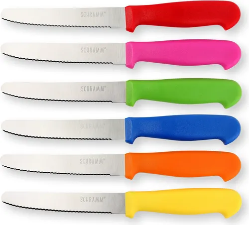Schramm® 6 Stück Frühstücksmesser – Wählbare Farben - Küchenmesser aus rostfreiem Edelstahl mit extrem scharfer Klinge und Wellenschliff – ideal für müheloses Schneiden von Brötchen und mehr.