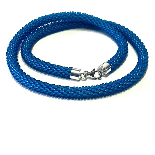 sommerliche Häkelkette, blau matt, mit 925/- Verschluß 53cm Handarbeit