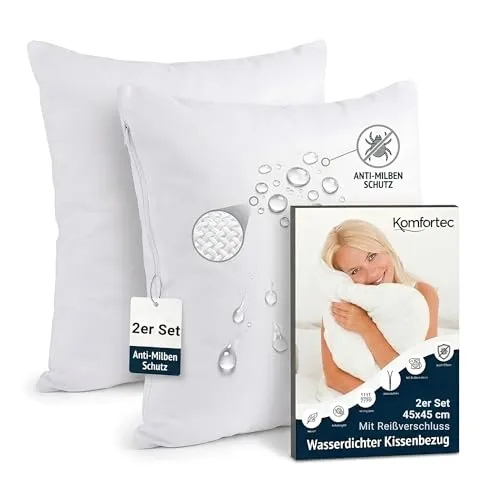 Komfortec Wasserdichter Kissenbezug 45x45 cm 2er Set mit Reißverschluss, Atmungsaktiv, Hypoallergen Kopfkissenbezüge 45x45, Anti-Milben, 2 Stück Kissenschoner 45x45, Weiß