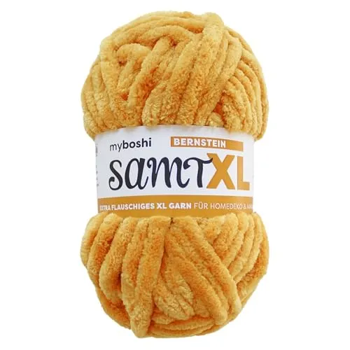 myboshi Samt XL, kuscheliges, extra dickes Chenillegarn, super chunky, zum Häkeln und Stricken, XXL-Knäuel, 100g, Ll 40m, Gelb (Bernstein) 1 Knäuel