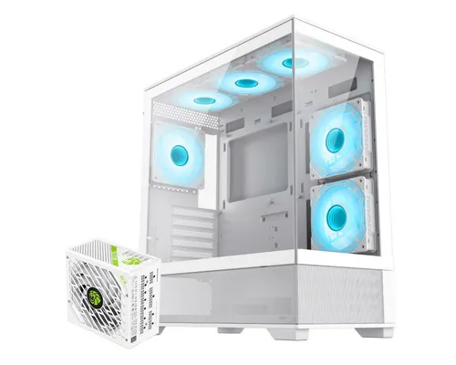 GAMEMAX Gaming-Gehäuse VISTA AW Midi-Tower weiß mit GX-1050 PRO Netzteil - Elegantes Gaming-Gehäuse mit vorinstallierten ARGB-Lüftern für optimale Kühlung. Unterstützt verschiedene Mainboard-Größen und bietet Platz für leistungsstarke Grafikkarten. Inklusive 1050W Netzteil für zuverlässige Stromversorgung.