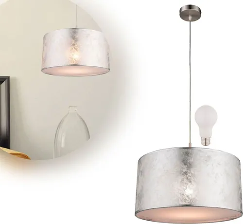 bmf-versand Hängelampe Schlafzimmer Stoff Silber - Elegante Pendelleuchte für Wohnzimmer und Esszimmer - Hängeleuchte mit silberfarbenem Stoffschirm, inklusive E27 LED-Leuchtmittel für ein faszinierendes Lichtspiel und gemütliche Atmosphäre in jedem Raum.