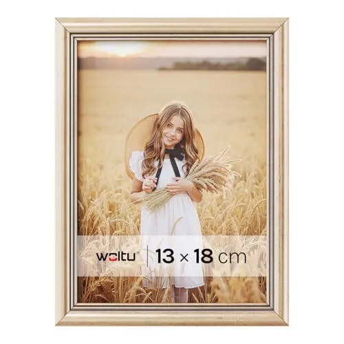 WOLTU Bilderrahmen 13x18, Fotorahmen aus Massivholz und PS-Platte, Holzrahmen mit Passepartout, zum vertikalen oder horizontalen Aufhängen/Aufstellen, Posterrahmen Collage Wanddeko, Gold