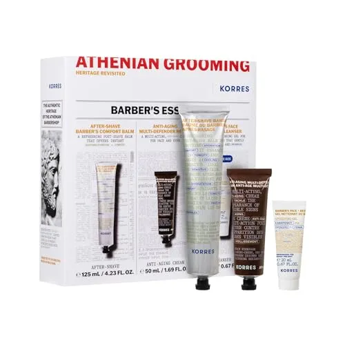 KORRES ATHENIAN GROOMING Men's Starter Kit, Anti-Aging Creme, Aftershave-Balsam, Reinigungsgel, Gesichts- & Bartpflege für Männer, vegan, Geschenkset, 50+125+20ml
