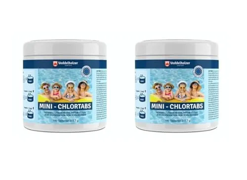 Veddelholzer Mini Chlortabletten 2 x 180 für kleine Pools - Optimale Wasserpflege für kleine Pools und Whirlpools. Diese schnelllöslichen Mini Chlortabletten bieten eine einfache Anwendung und sorgen für kristallklares Wasser ohne Rückstände. Ideal für stressfreie Poolreinigung!