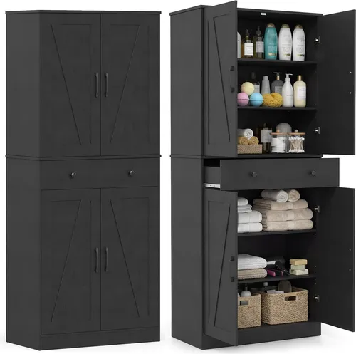 COSTWAY Hochwertiger Küchenschrank 183 cm mit 4 Türen & Schublade - Moderner Vorratsschrank mit viel Stauraum und stabiler Bauweise. Ideal für die organisierte Küche mit verstellbaren Regalen und rustikalem Design für charmante Akzente.