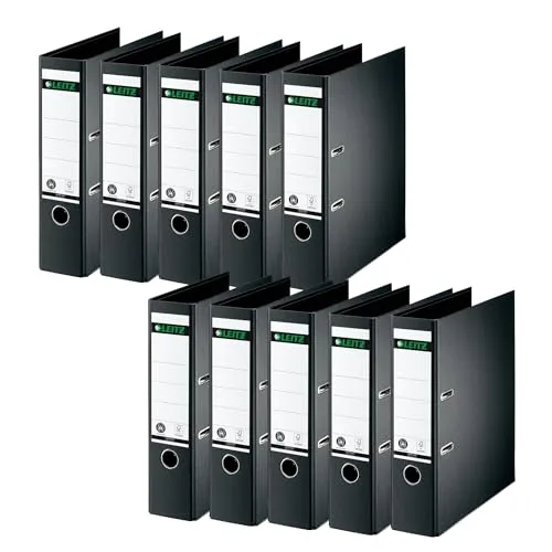 Leitz Qualitäts-Ordner 180°, 10er Pack, A4, Schwarz - Ordner für Zuhause, Schule oder Büro mit patentierter 180°-Präzisionsmechanik für 50% einfacheres Öffnen und 20% schnellere Ablage von bis zu 600 Blatt.