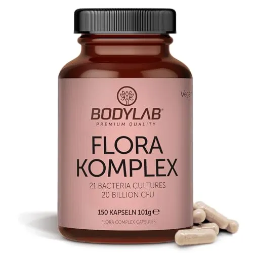 Bodylab24 Flora Komplex 150 Kapseln, enthält Pro- und Präbiotika, mit 21 Bakterienstämmen, 100% vegane Kapselhülle, angereichert mit Calcium*, Zink** und Selen