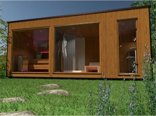Moderne Trockensauna aus Massivholz für den Außenbereich - Genießen Sie entspannende Momente in dieser eleganten Trockensauna. Platz für bis zu 6 Personen, aus hochwertigem Kiefernholz, ideal für Ihren Garten. Energieeffizient mit 9 kW Heizung.