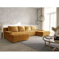 Wohnlandschaft Sofa mit Schlaffunktion VOGAR - Honiggelb - Moderne Wohnlandschaft mit Schlaffunktion und Bettkasten, ideal für große Wohnzimmer. Platz für bis zu 10 Personen, inklusive Rückenkissen und Zierkissen.