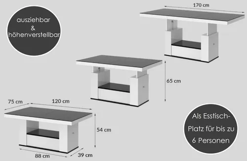 Design Couchtisch Tisch HM-111 Hochglanz Schublade höhenverstellbar ausziehbar Esstisch