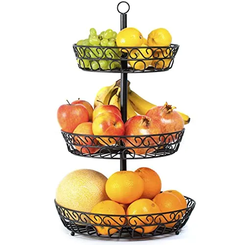 Chefarone Obst Etagere 3 Etagen - Obstkörbe - Stilvolle 3-stöckige Etagere mit viel Platz für Obst und Snacks, ideal für eine ordentliche Küche und einfach zu tragen.