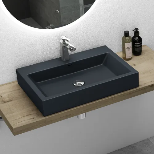 Mai & Mai Breite: 60cm Waschbecken Aufsatz-Waschschale Hänge-Becken Mineralguss in matt Anthrazit 1 Armaturenloch Bad Eckig Col06