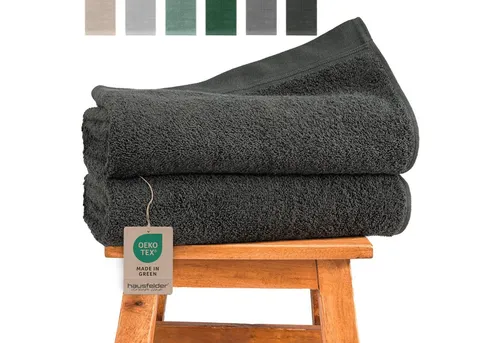 Hausfelder Premium Duschtuch 2er Set Anthrazit 70x140 cm - Handtücher aus 100% Baumwolle mit 500 g/m² Frottee, weich und saugfähig. Ideal für jedes Badezimmer, pflegeleicht und mit Aufhängeschlaufen für einfachen Trocknungs- und Aufbewahrungskomfort.