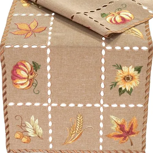 Tischläufer Herbstlich Bestickt 40x110 Tischdecke Herbst Tischwäsche Halloween Sonnenblume Kürbis Blätter Stoff Waschbar