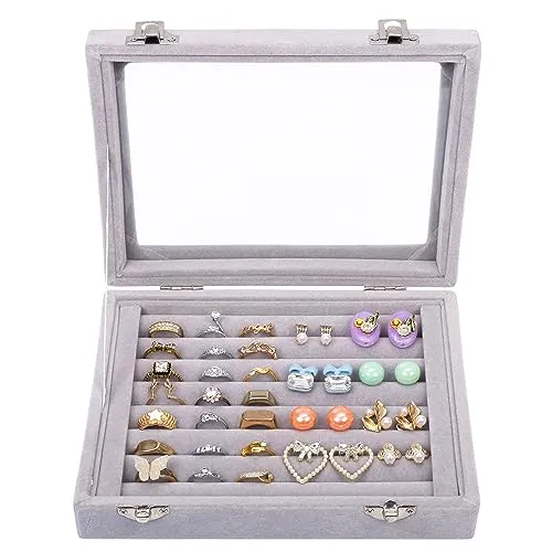 Kurtzy Jewelry Organizer Ring Aufbewahrung Schmuckkasten Grau, Samt Box mit Glas Deckel & 7 Schlitze – Schmuckaufbewahrung Schmuckschatulle Ringaufbewahrungs Box für Ringe, Ohrringe, Manschettenknöpfe