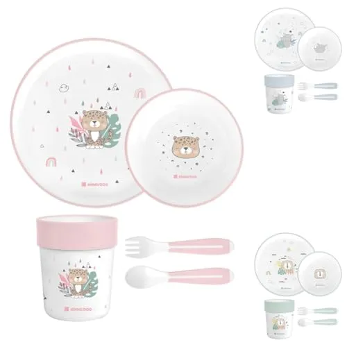 Kikkaboo Kindergeschirr Set Savanna 5-teilig Tiermotiv, Schale, Teller, Besteck pink
