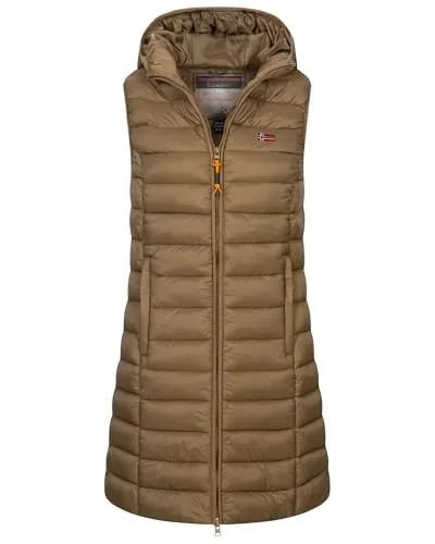 Geographical Norway Damen Steppweste mit Kapuze – Taupe, Größe XL (42) - Stylische und nachhaltige Übergangs-Weste mit robuster Optik und praktischen Reißverschlusstaschen. Ideal für Herbst und Winter, bietet sie Komfort und Langlebigkeit.