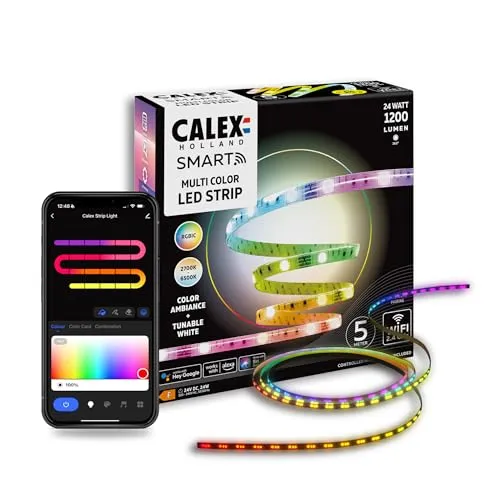CALEX Smart LED Streifen, 5 m, RGBIC-Farben, flexibel & zuschneidbar, dimmbar, WLAN App- & Sprachsteuerung, inkl. Fernbedienung