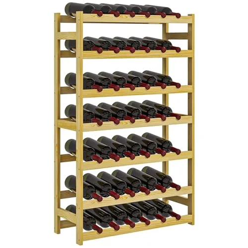 Weinregal für 42 Flaschen - HOMCOM 7 Ebenen Holz Natur - Regal für 42 Weinflaschen, aus robustem Kiefernholz, mit Kippschutz für sichere Aufbewahrung. Ideal für kleine Räume im stilvollen Landhausdesign.