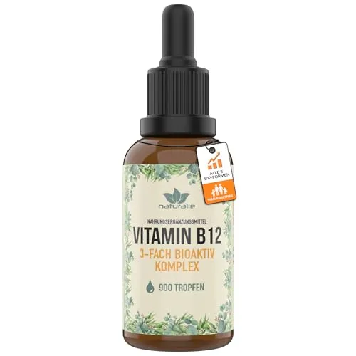 naturalie® - Vitamin B12 Tropfen hochdosiert mit 400 µg pro 2 Tropfen | ohne Alkohol | 3-Fach Komplex mit Adenosylcobalamin, Hydroxycobalamin und Methylcobalamin | ca. 900 Tropfen - 30ml