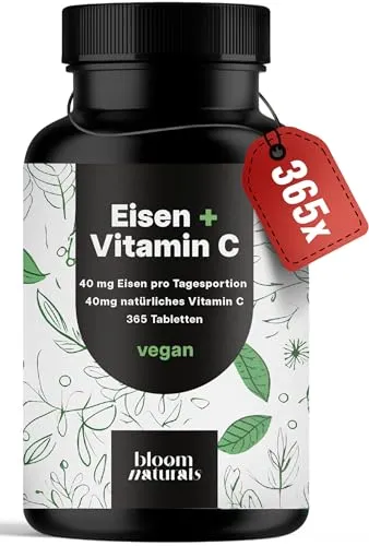 Eisentabletten hochdosiert mit Vitamin C- 365 Tabletten von bloom naturals