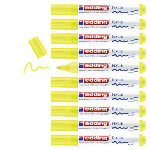 edding 4500 Textilmarker - neon-gelb - 10 Stück - Rundspitze 2-3 mm - Textilstifte waschmaschinenfest (60 °C) zum Stoff bemalen - Stoffmalstift