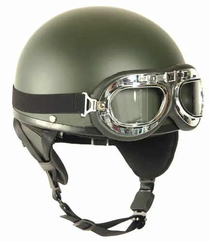 Helm Halbschale oliv mit Brille - Sicherheit für Biker - Kopfbedeckungen & Helme, stylischer Halbschalenhelm in Oliv mit Brille für optimalen Schutz und Sicht beim Fahren.