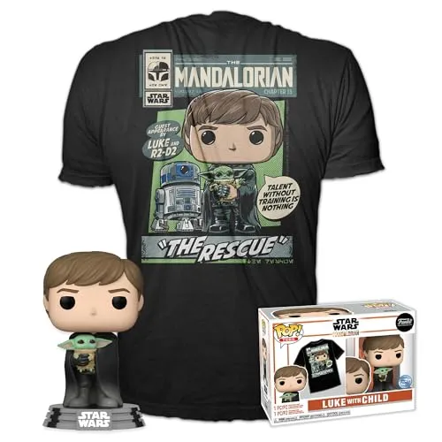 Funko Pop! & Tee: Mandalorian - Luke Skywalker mit Grogu (The Child, Baby Yoda) - Small - (S) - Star Wars: The Mandalorian - T-Shirt - Kleidung mit Vinyl-Sammelfigur - Geschenkidee Für Erwachsene