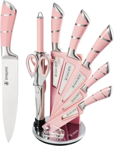 Justup 9-tlg Messer-Set Drehbare Acryl Messerblock, Rosa Sharp Antihaft (Rosa)
