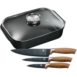 Bräter KING, braun (holzfarben), B:26cm H:8,5cm L:40cm, Töpfe, Bräter 6 L+Glasdeckel,Keramikbeschichtung»Fusion«,Aromaknopf,Messer