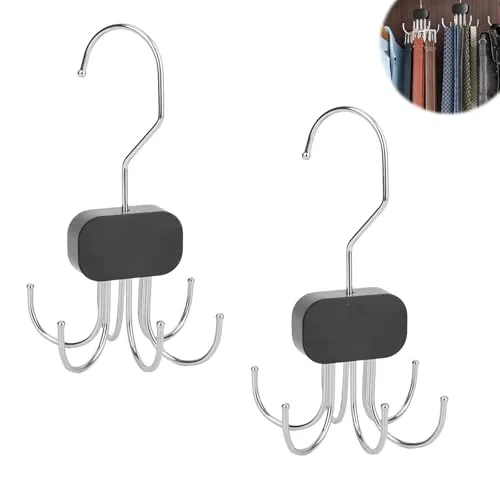 Stück Gürtel Organizer mit 6 Haken, 360° Drehbarer Gürtelhalter aus Metall & Holz, Platzsparende Kleiderbügel für Krawatten, Schals, BH und Handtaschen (Schwarz) 2