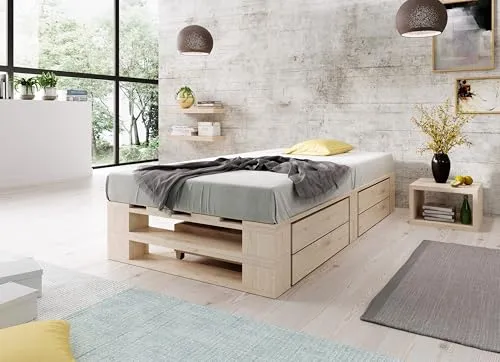 Lermowood Palettenbett M2 aus Holz 90 x 200 cm Natur mit Lattenrost und 2 Bettkästen Holzbett 30cm Stabiles Seniorenbett Kinderbett Jugendbett Gästebett erhöhtes Bettgestell Futonbett Komforthöhe