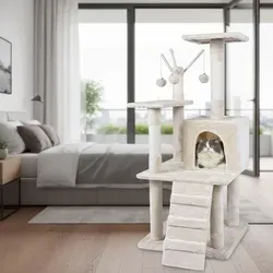 Kratzbaum 121cm Beige – Katzenbaum mit Spielmöglichkeiten - Katzenkratzbaum 121 cm hoch in elegantem Beige, bietet robuste Sisalstämme für natürlichen Kratzspaß und eine gemütliche Höhle für Entspannung. Ideal für ein glückliches Katzenleben!