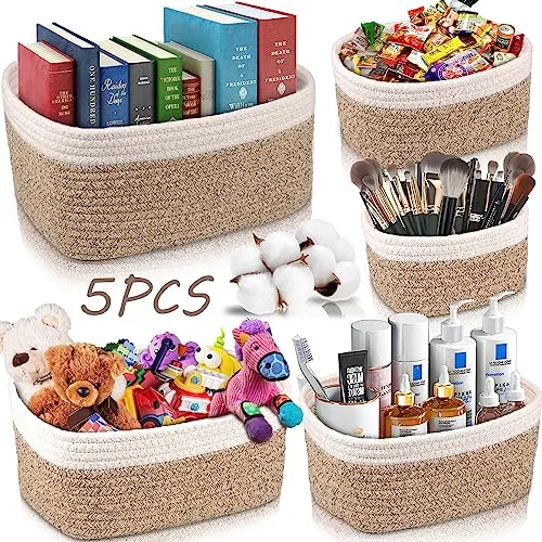 FAMKEEP 5er Set Aufbewahrungskorb Geflochten,Baumwollseil Geflochtener,Stapelbare Speicher Storage Basket für Organisieren von Kleidung und Accessoires,Badezimmer,Spielzeug Körbe Aufbewahrung