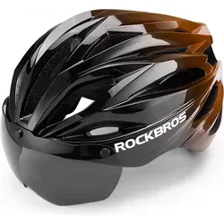 ROCKBROS Fahrradhelm mit Visier und abnehmbarer UV-Schutzbrille - Unisex Fahrradhelm in Schwarz/Braun mit innovativer magnetischer UV-Brille, ideal für verschiedene Fahrstile. Bietet optimalen Schutz und Komfort dank Mehrkanal-Belüftung und anpassbarem Kopfumfang (58-62 cm).