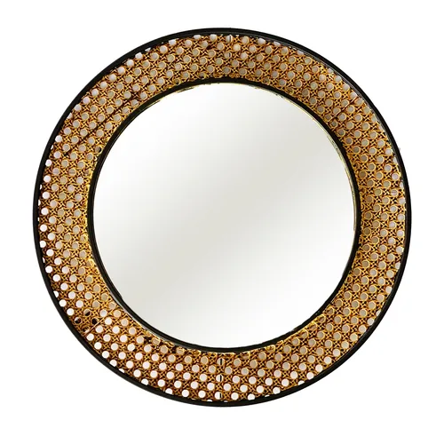 Wandspiegel Hängespiegel Dekospiegel Badspiegel Rattan Design Schwarz/Gold Ø40cm