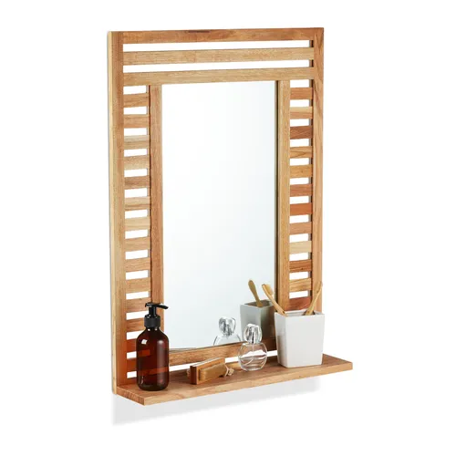 Badspiegel mit Holzrahmen - Relaxdays Wandspiegel - Badezimmerspiegel mit praktischem Stauraum, eleganter Holzrahmen in Braun, ideal für stilvolle Badezimmergestaltung.