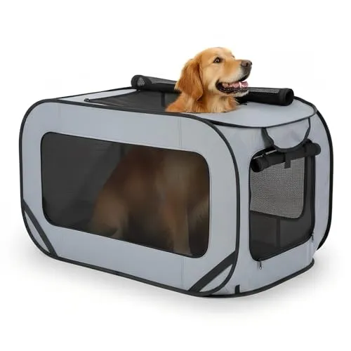94*53*53 cm Hundetransportbox Faltbar, Doppeltüren Pop-Up-Transportbox Hund Katze, Oxford Stoff Hundebox Auto Hundetasche Robust, Tragbarer Hunde Transportboxen für Katzen & Hunde bis 29.5 kg, Grau