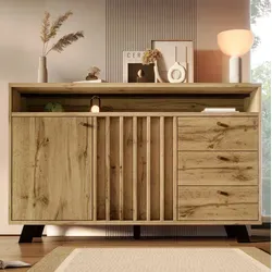 Sideboard Aus Holz In Dunkleiche, 2 Lamellentüren, 3 Schubladen Und Offenes Fach, Verstellbarer Einlegeboden, 120x40x85 Cm